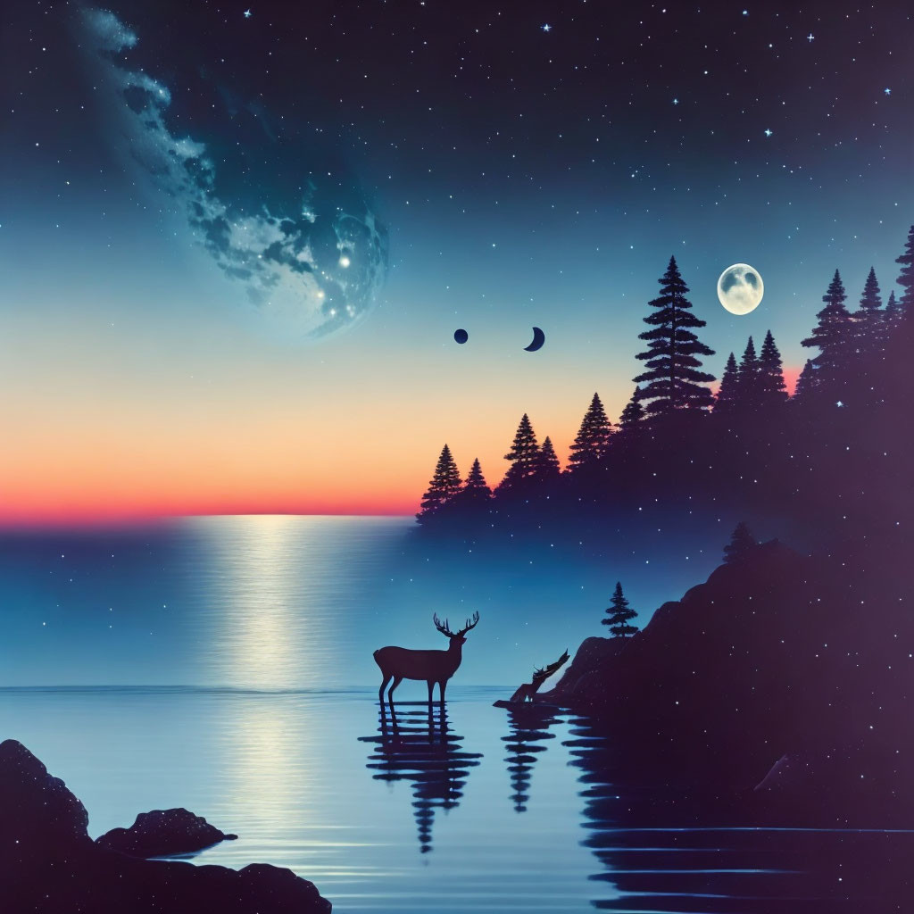 Surreal landscape featuring deer, lakeside, colorful sky, moons, stars, and pine trees