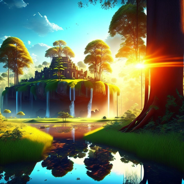 Fantastical landscape with island, waterfalls, lush trees, and sunlight reflections