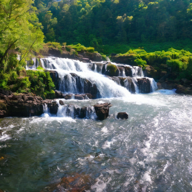 Lush Greenery Surrounding Cascading Waterfall