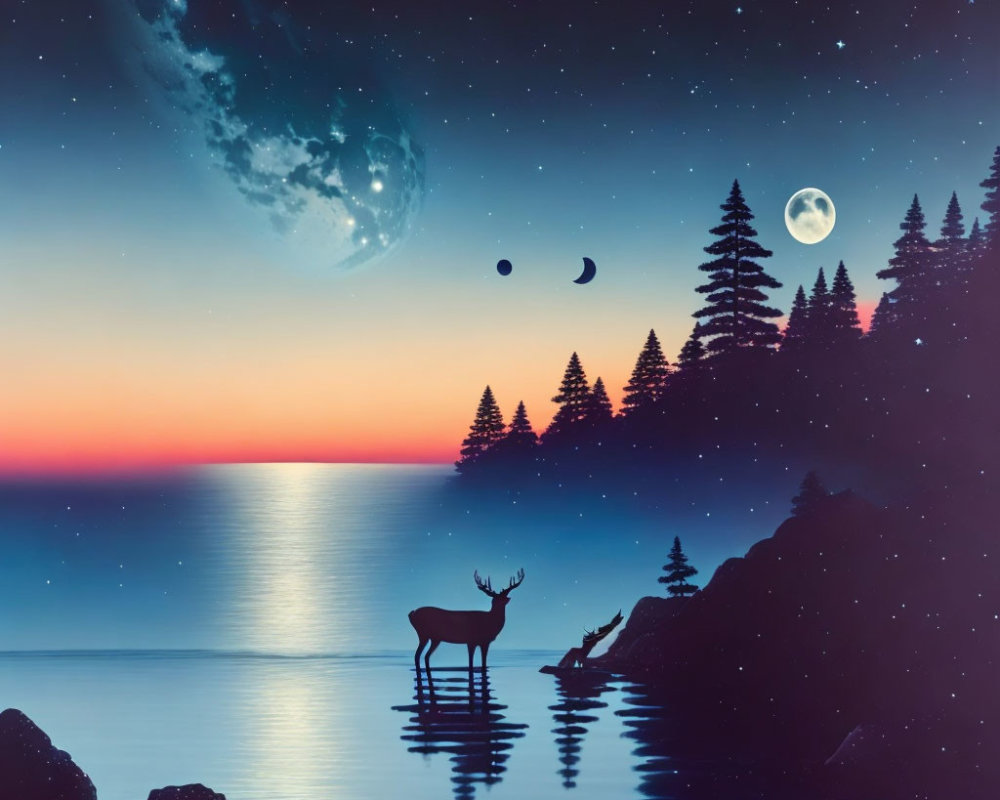 Surreal landscape featuring deer, lakeside, colorful sky, moons, stars, and pine trees