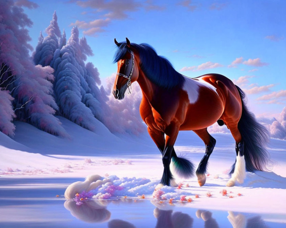 Majestic brown horse in snowy landscape with pink trees