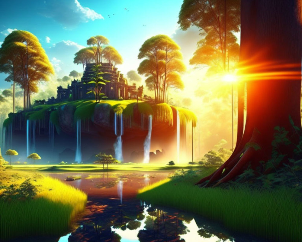 Fantastical landscape with island, waterfalls, lush trees, and sunlight reflections