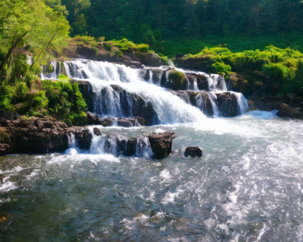 Lush Greenery Surrounding Cascading Waterfall