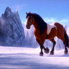 Majestic brown horse in snowy landscape with pink trees