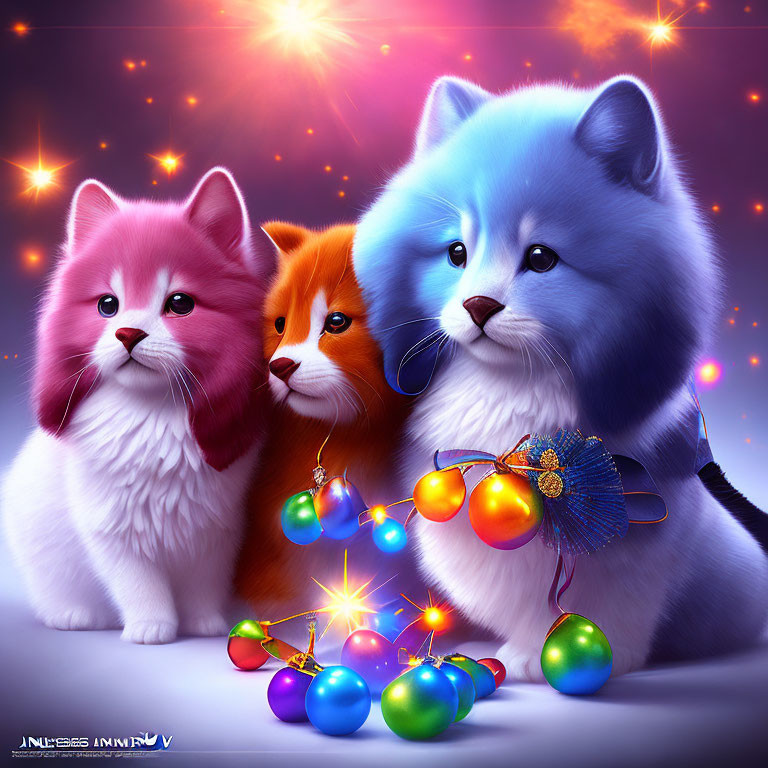 Colorful Fluffy Cats with Christmas Lights in Starry Scene