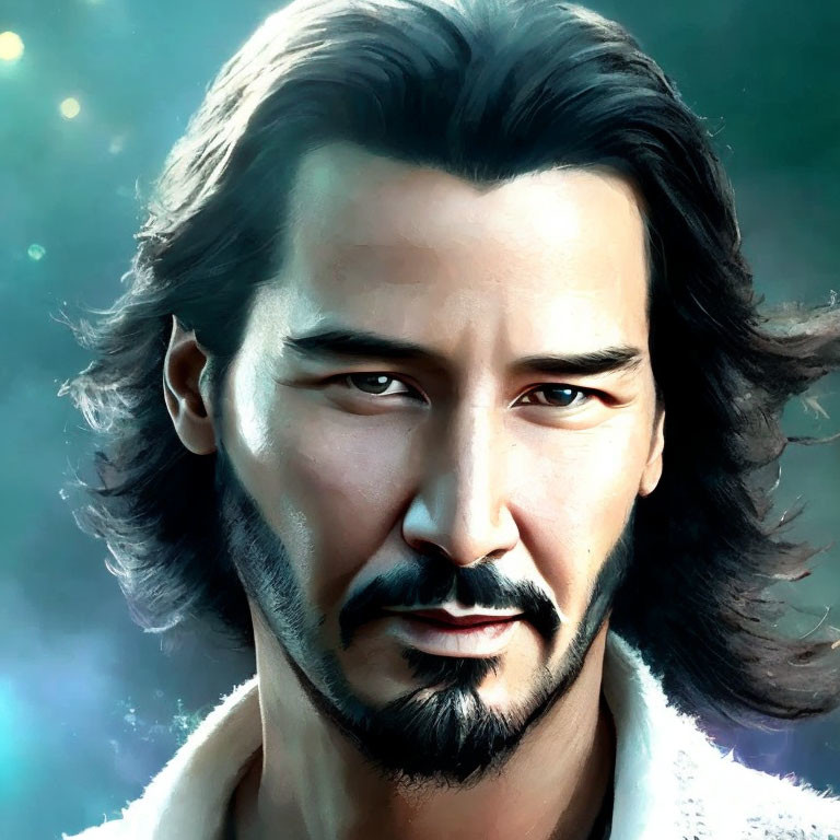 Realistic digital artwork of a man with long dark hair and intense gaze