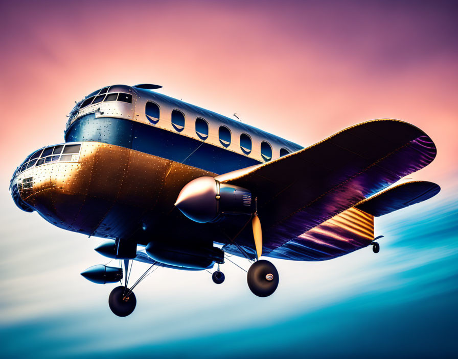 Propeller-Driven Aircraft Flying at Dusk in Pastel Sky