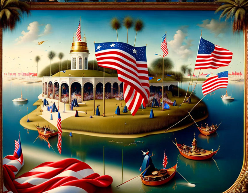 Neoclassical building on island with American flags and boats