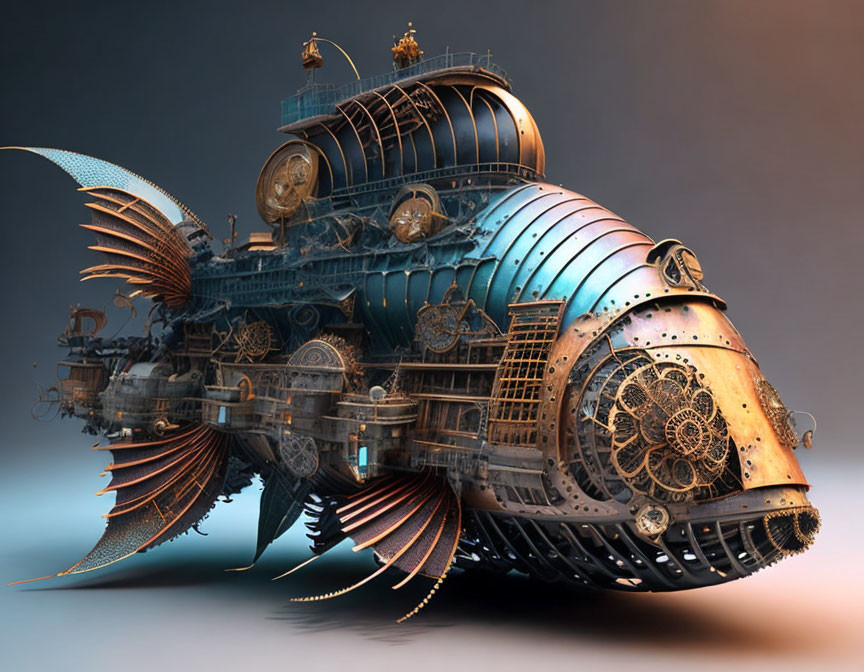 Steampunk-inspired submarine with metallic fins and gears on gradient background