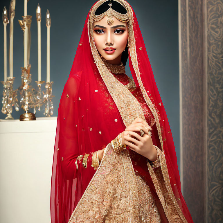 Traditional South Asian bridal attire with red veil, gold jewelry, and mehndi.