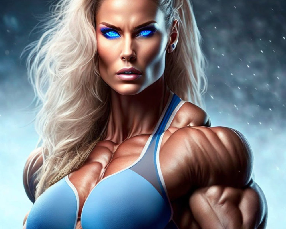 Muscular woman with blue eyes and blonde hair in blue athletic top against starry backdrop