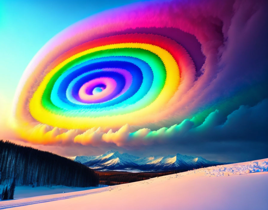 Vivid surreal landscape: spiral rainbow, snowy mountains, forest at dusk