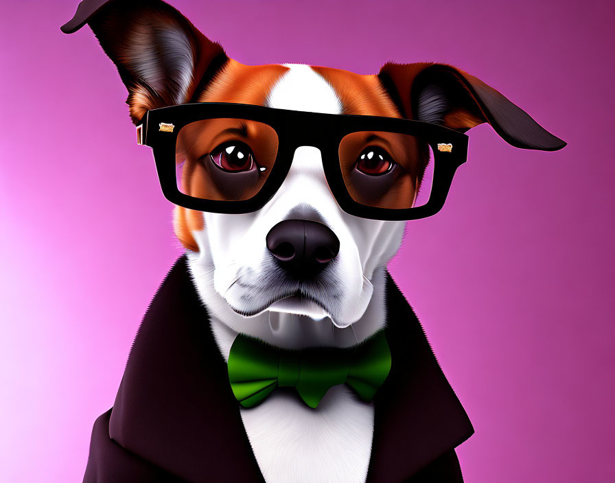 Stylized dog portrait in glasses, bowtie, suit on purple background