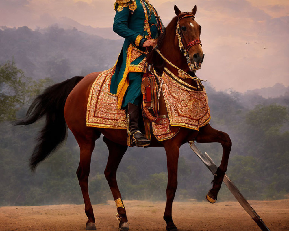 Person in ornate traditional attire on horse in misty backdrop.