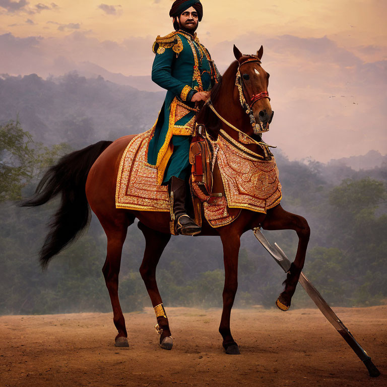 Person in ornate traditional attire on horse in misty backdrop.