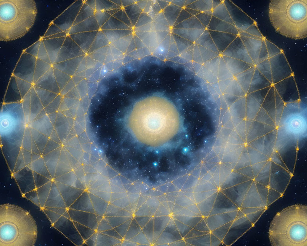 Symmetrical Digital Art: Cosmic Object with Geometric Shapes & Ancient Script