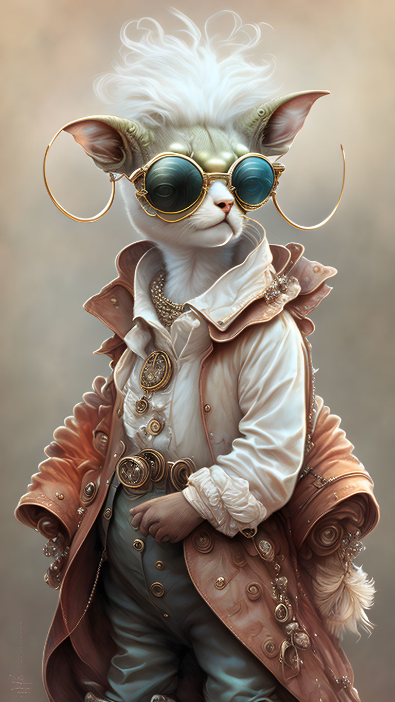 Anthropomorphic cat in steampunk attire with goggles and gold accents