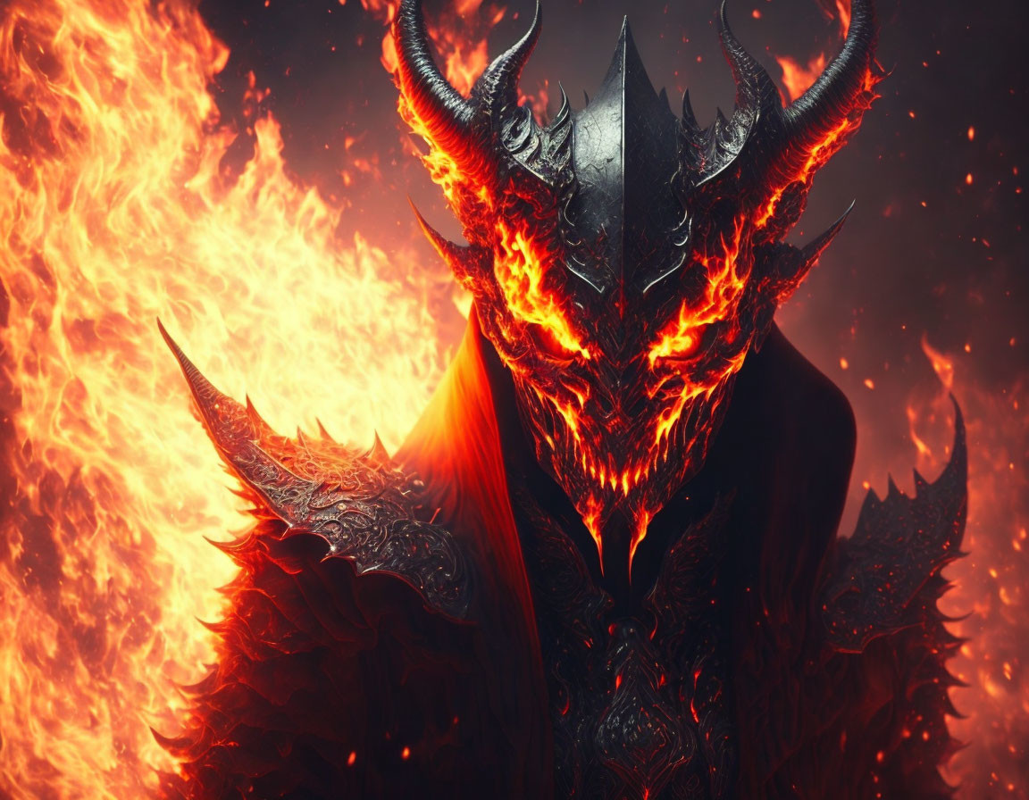 Fiery demon with glowing eyes and ornate armor in flames backdrop