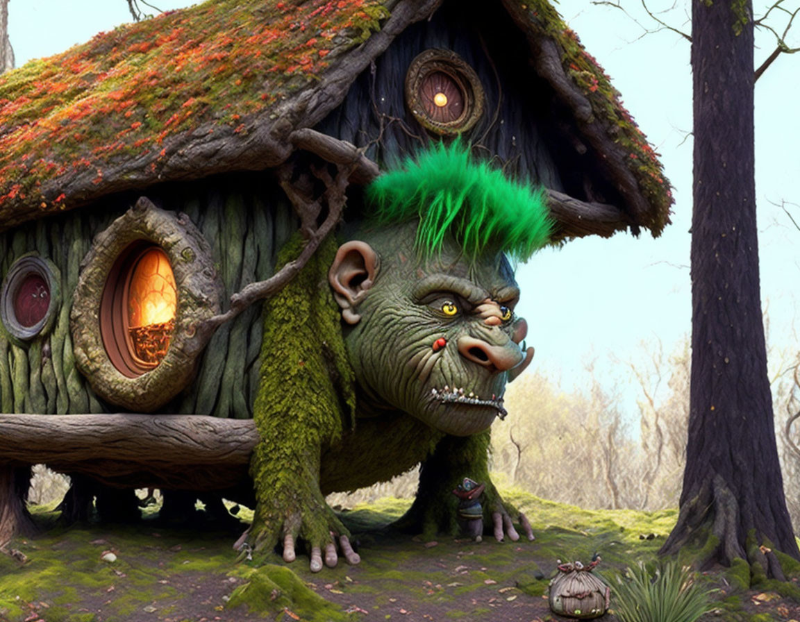 Fantasy scene with green-furred troll under cozy mushroom house