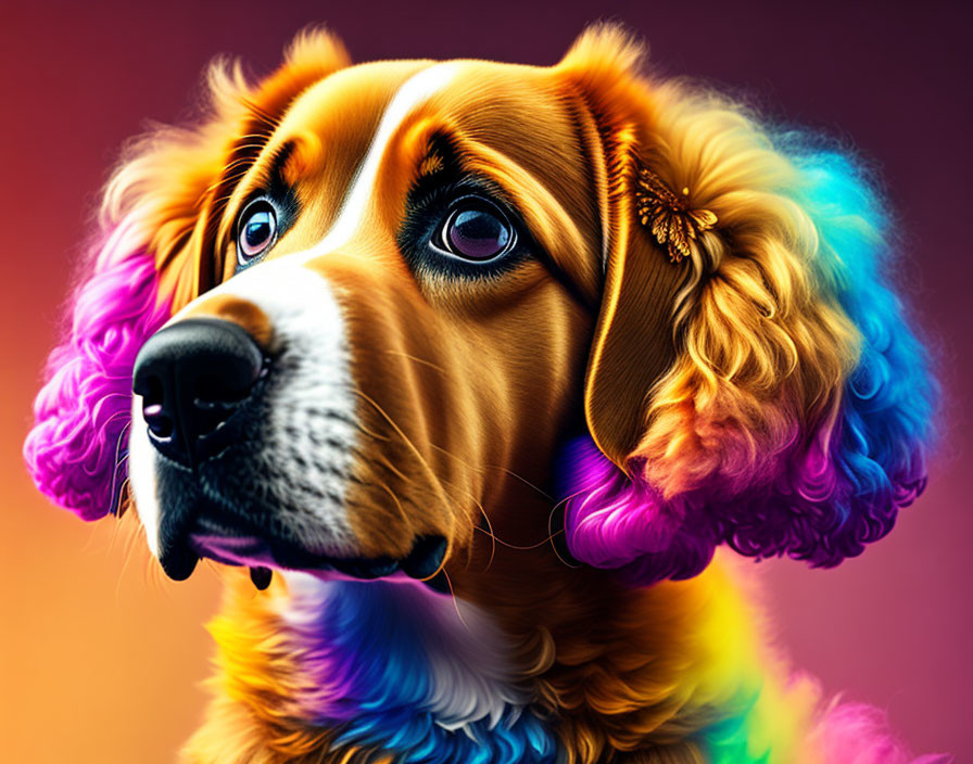 Vibrant multi-colored dog portrait with purple, blue, and orange mane