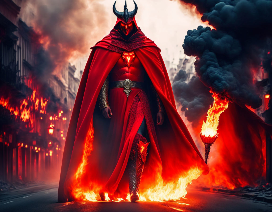 Sinister figure in red cape and armor with horns in fiery apocalypse.