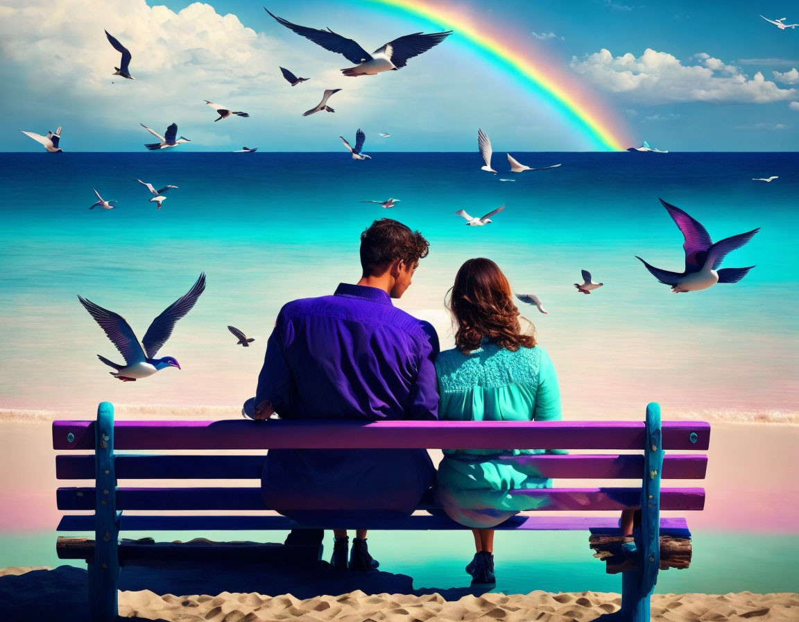 Couple on Beach Bench Watching Birds and Rainbow