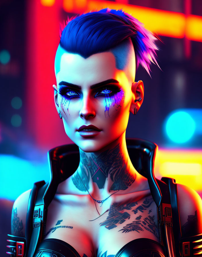 Person with Mohawk & Cyberpunk Style in Neon-lit Digital Art