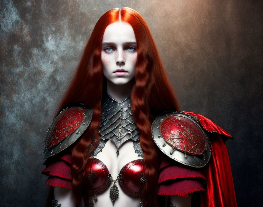 Red-haired woman in ornate red and silver armor with a cloak