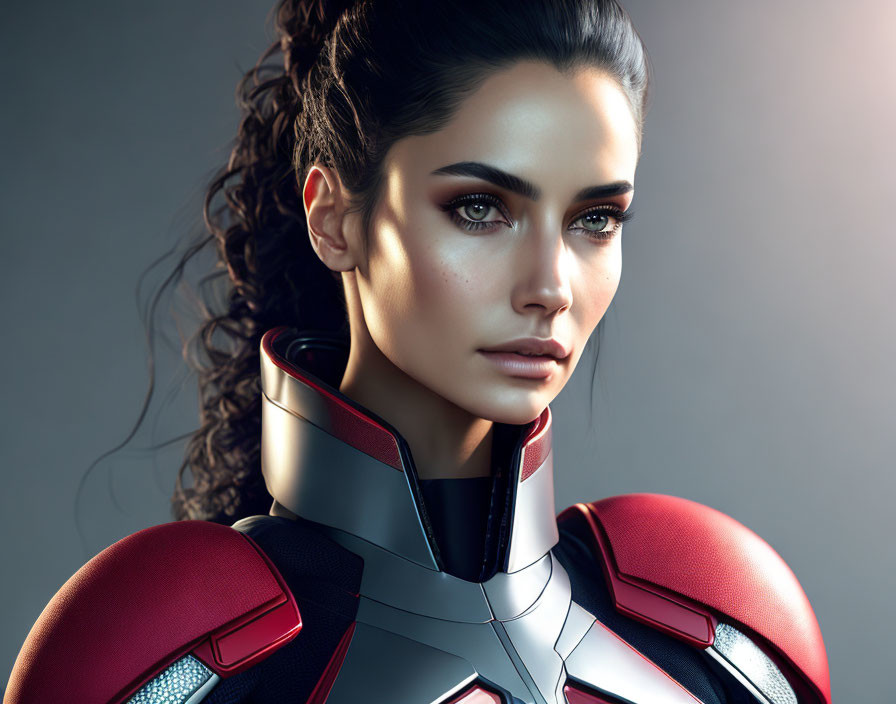 Digital Portrait: Woman with Dark Hair in Futuristic Armor