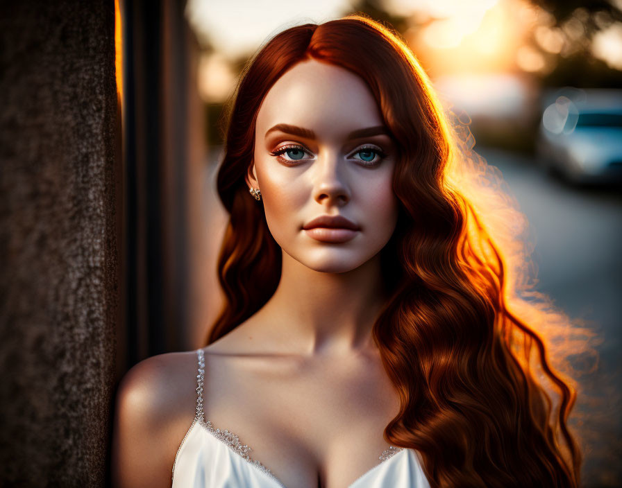 Auburn-Haired Woman with Blue Eyes and Elegant Makeup in Golden Light