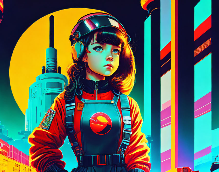 Futuristic astronaut girl in neon cityscape with moon