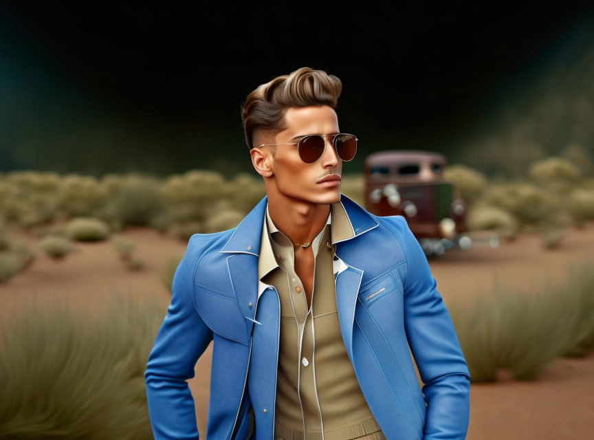 Fashionable man in blue suit and sunglasses with vintage car and desert backdrop