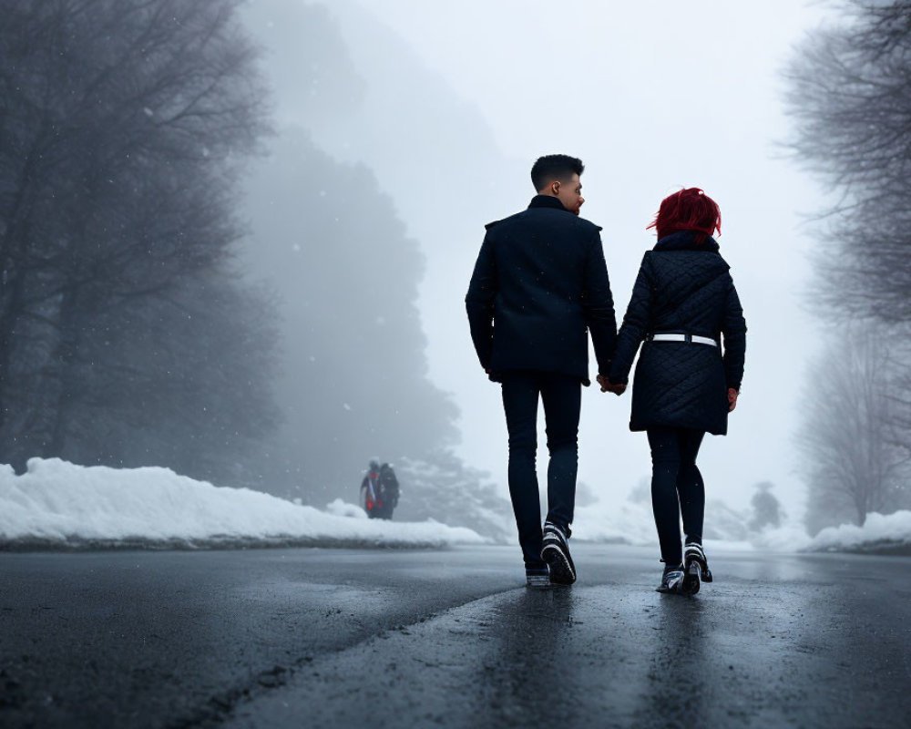 Couple walking on misty snow-covered road with bare trees and distant figure