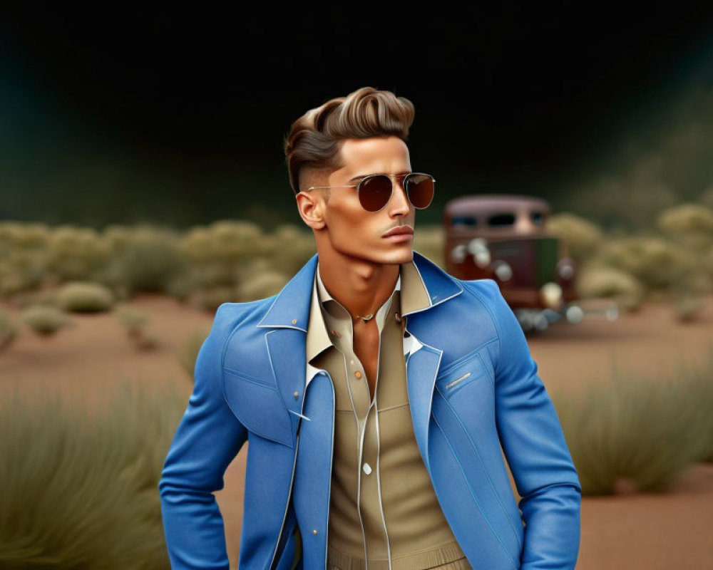 Fashionable man in blue suit and sunglasses with vintage car and desert backdrop