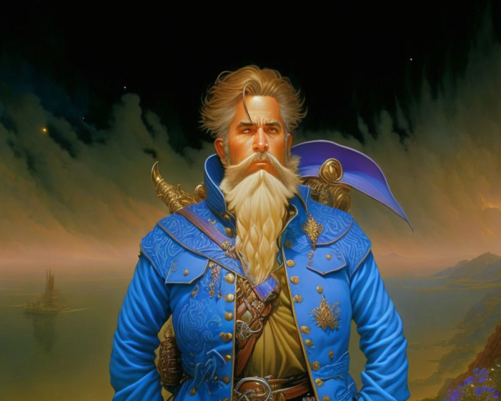 Regal man with white beard in blue and gold uniform holding an axe against dramatic sky and ship.