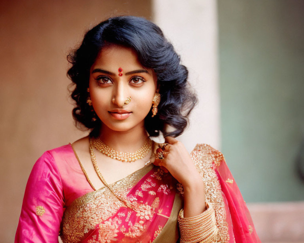 Woman in Vibrant Sari and Gold Jewelry Poses Confidently