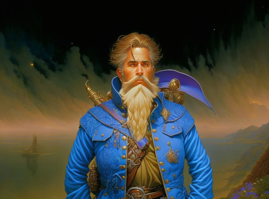 Regal man with white beard in blue and gold uniform holding an axe against dramatic sky and ship.