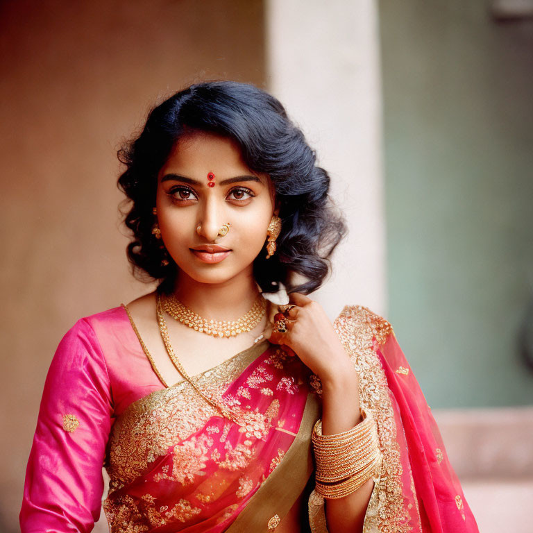 Woman in Vibrant Sari and Gold Jewelry Poses Confidently