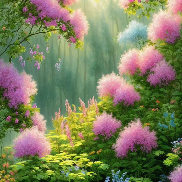 Lush Forest Scene with Sunlight and Colorful Flowers