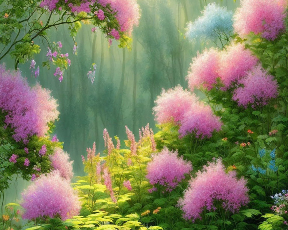 Lush Forest Scene with Sunlight and Colorful Flowers