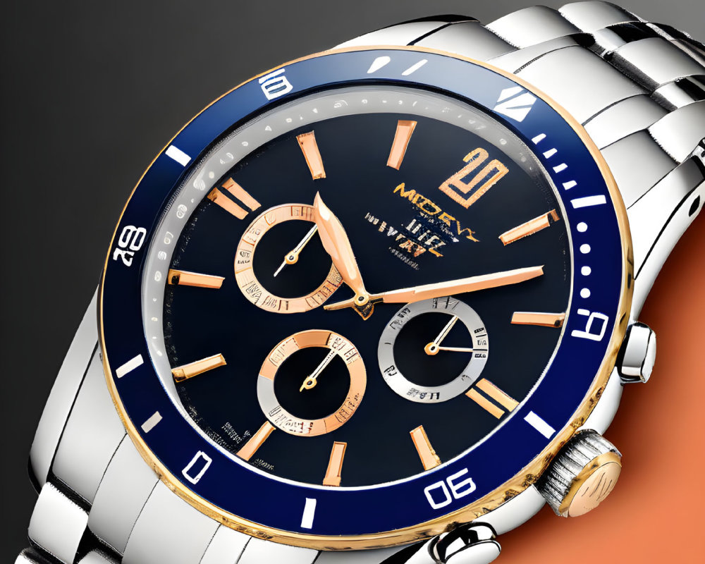 Blue Dial Luxury Wristwatch with Gold Markers and Rotating Bezel