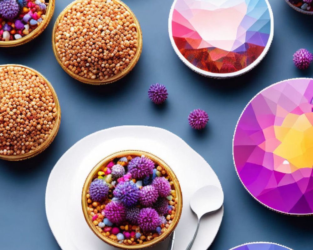 Vibrant purple floral designs on coffee cups with desserts on plates against blue background