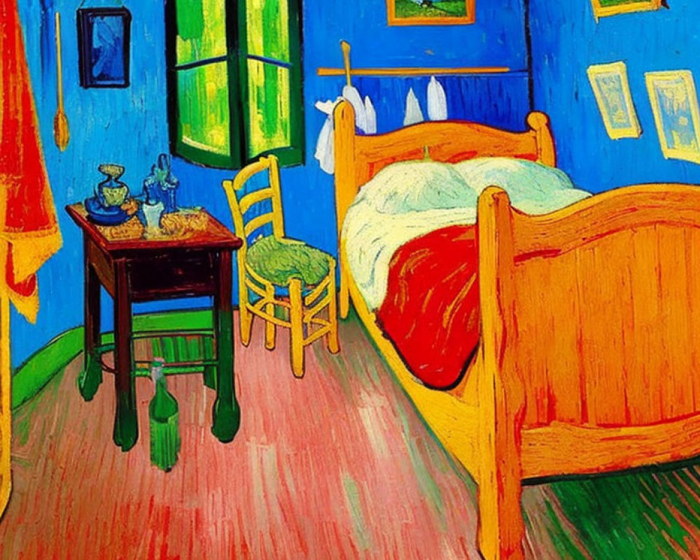 Colorful Bedroom Painting with Blue Wall, Yellow Bed, Green Chair, and Red Floor