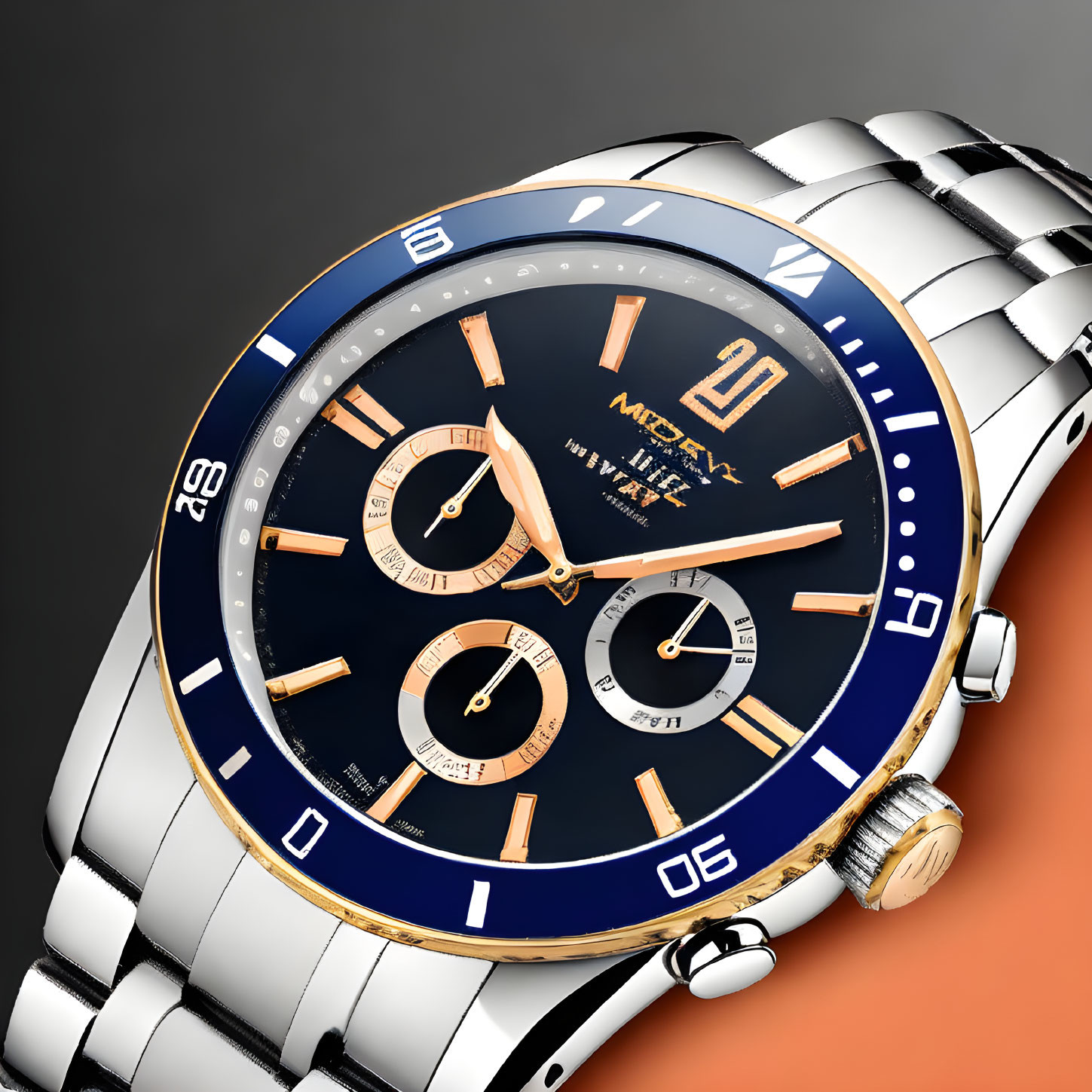 Blue Dial Luxury Wristwatch with Gold Markers and Rotating Bezel