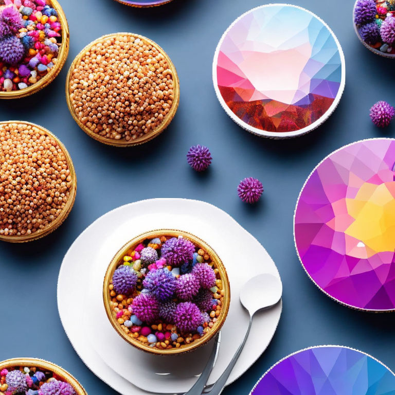 Vibrant purple floral designs on coffee cups with desserts on plates against blue background