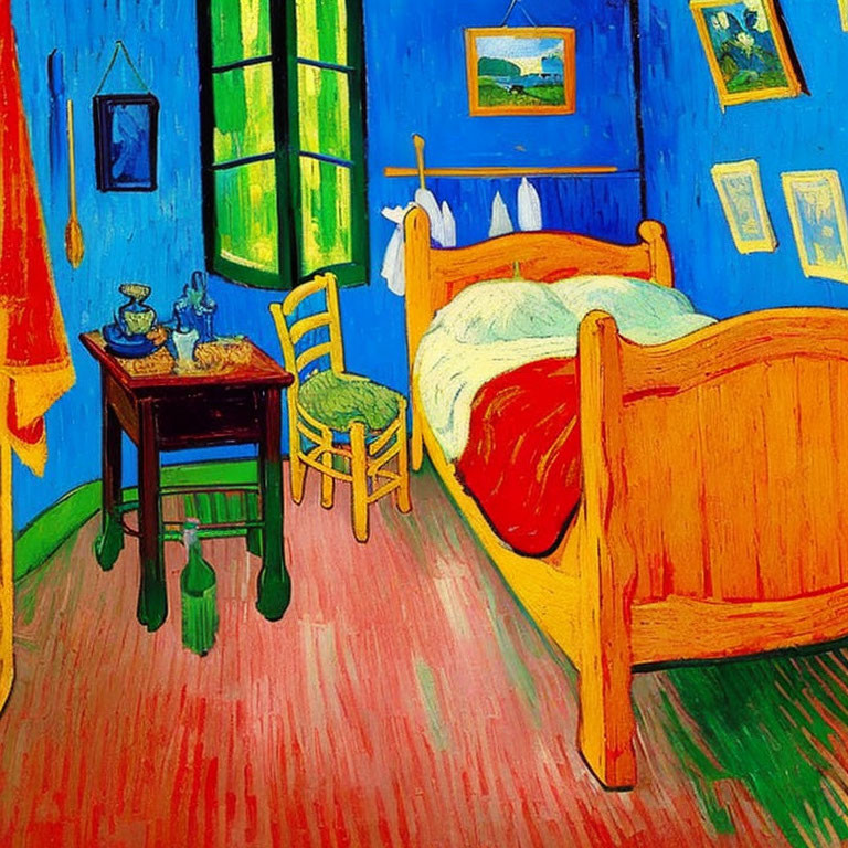 Colorful Bedroom Painting with Blue Wall, Yellow Bed, Green Chair, and Red Floor