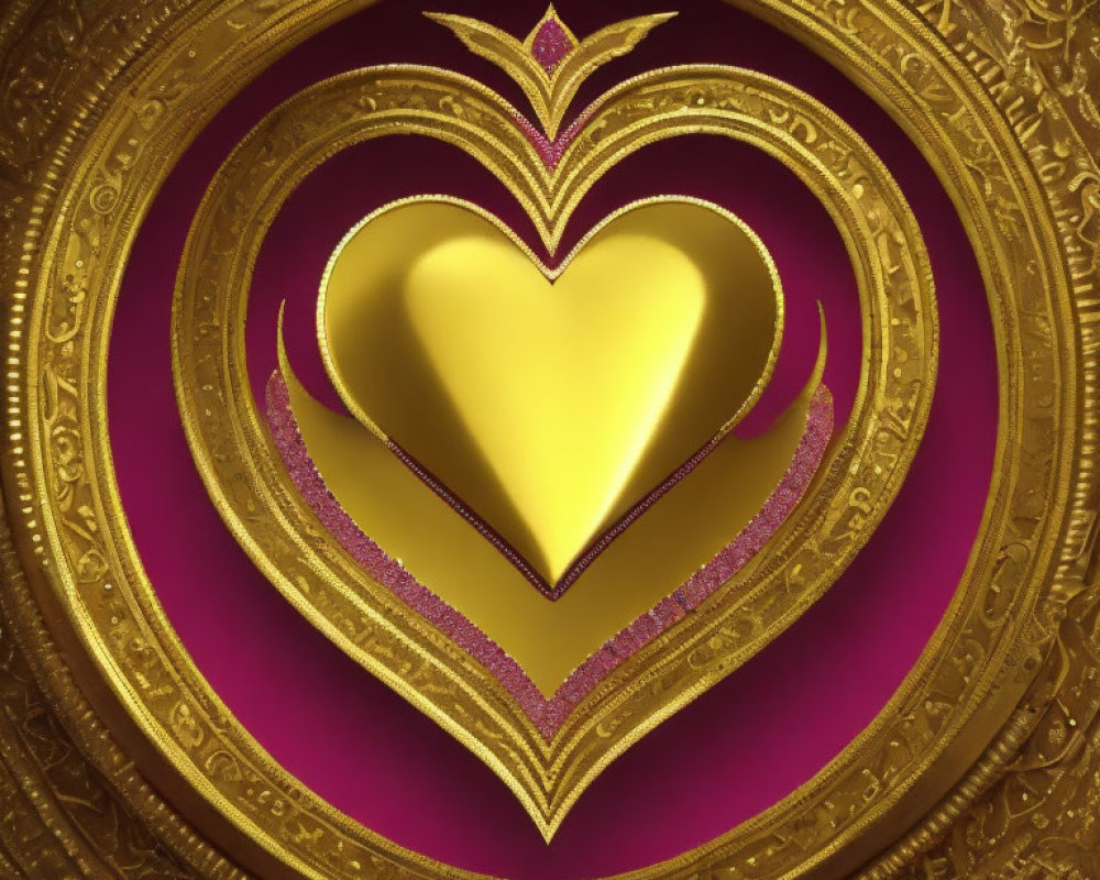 Golden Heart in Ornate Circular Frame on Pink Background