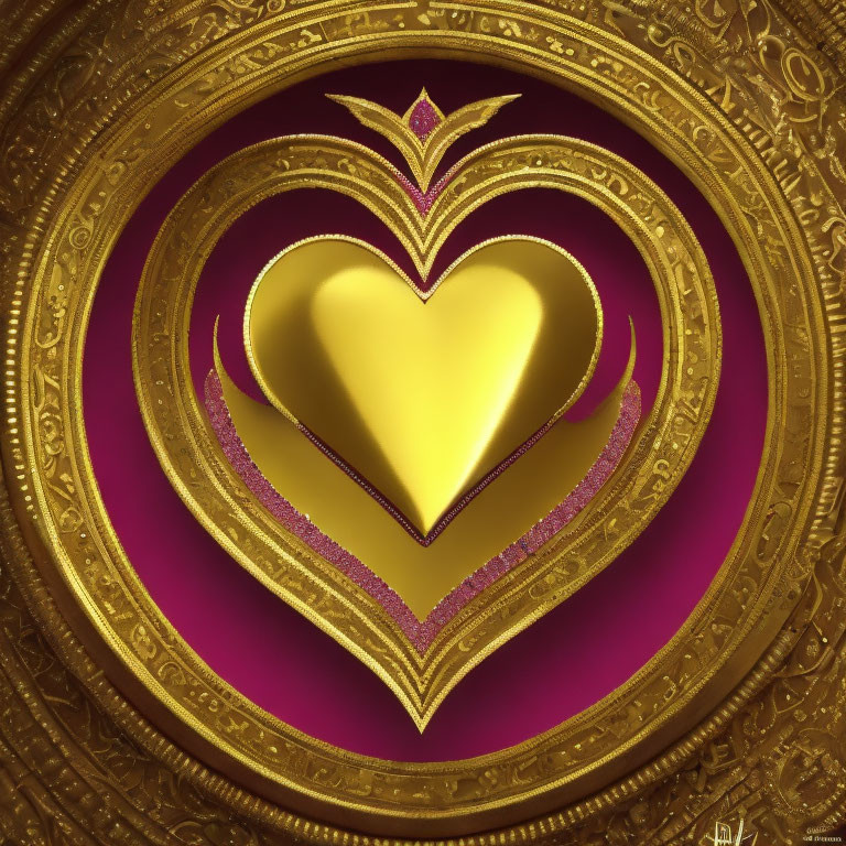 Golden Heart in Ornate Circular Frame on Pink Background