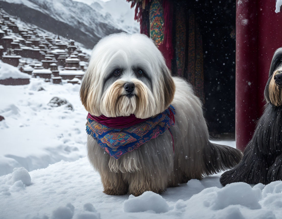 Fluffy White and Gray Dog in Blue Scarf on Snowy Landscape