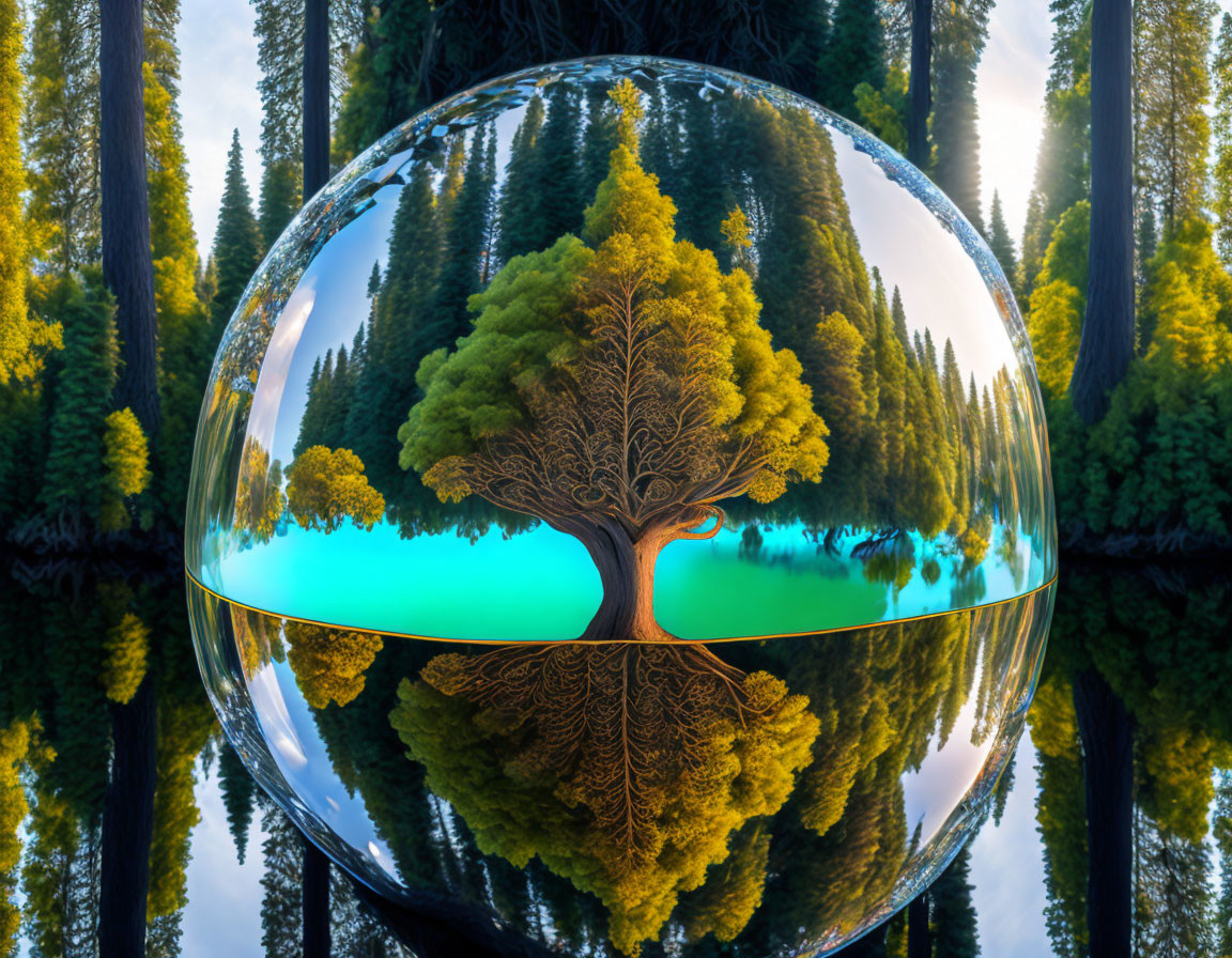 Vibrant tree in transparent sphere reflects serene forest and sky.